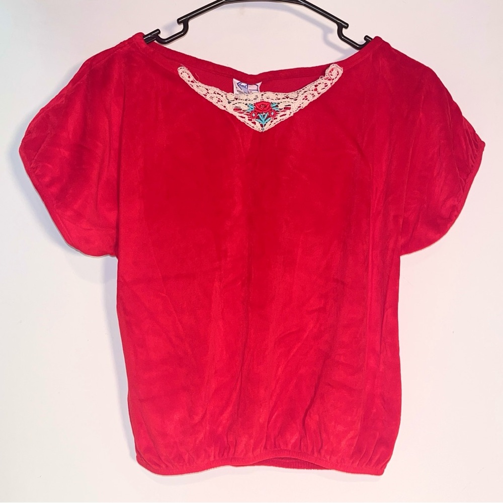 Vintage Red Blouse with Floral Lace